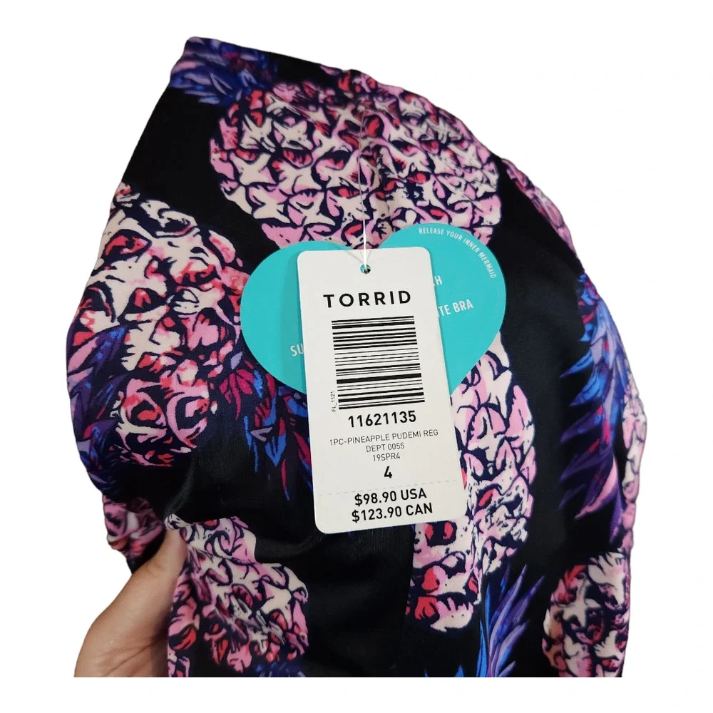 torrid Black One-Piece Swim with Purple Pineapple Print